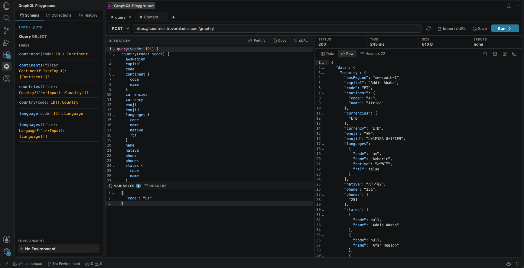 GraphQL Playground running a query against the countries API inside VS Code, showing the schema explorer, query editor, and response viewer side by side.